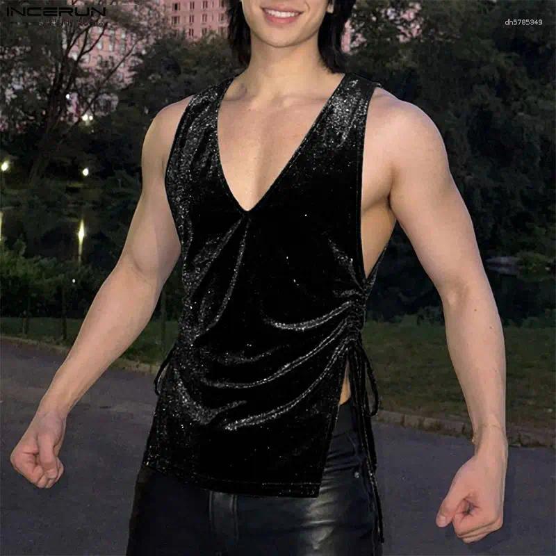 Men's Tank Tops INCERUN Men Solid Shiny V Neck Sleeveless Male Vests Streetwear 2026 Drawstring Fashion Party Clothing Sparkling