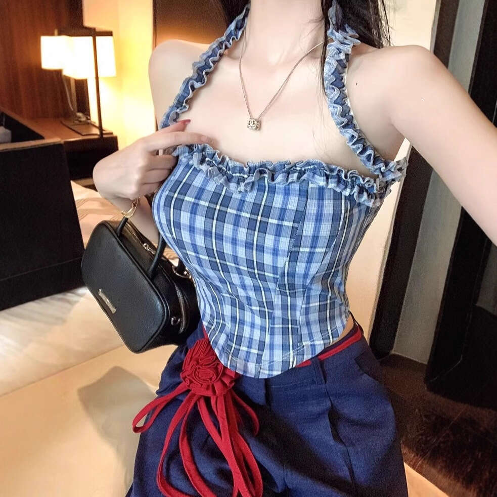 Designer 2026 Pure Desire Hot Girl Plaid Halter Neck Strap Vest For Women Summer New Thai Luxury Style Off-shoulder Sexy Outerwear Tube Top Free Shi