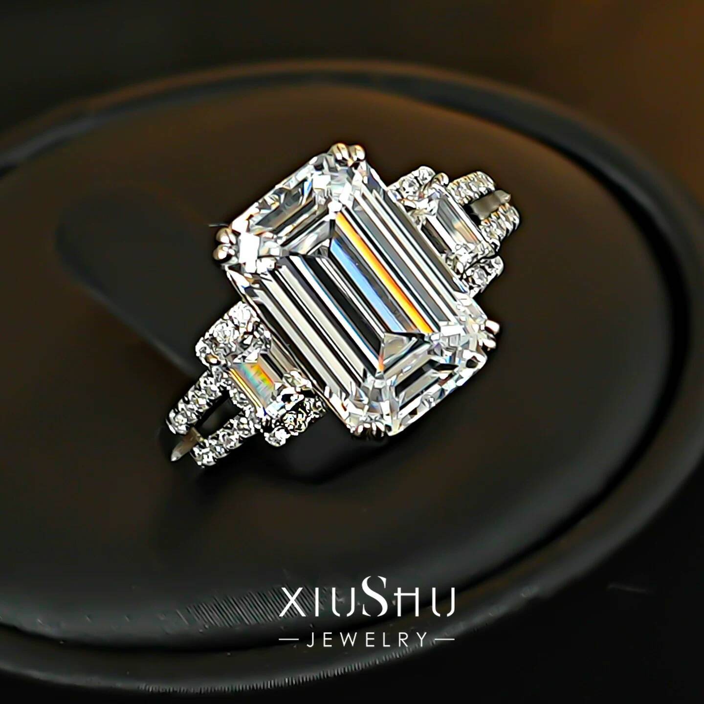 "Crystal Clear Big Sugar Cube" Emerald Cut White Diamond Color Ring for Women, 925 Sterling Silver, Three-Stone Diamond Ring for Index Fin