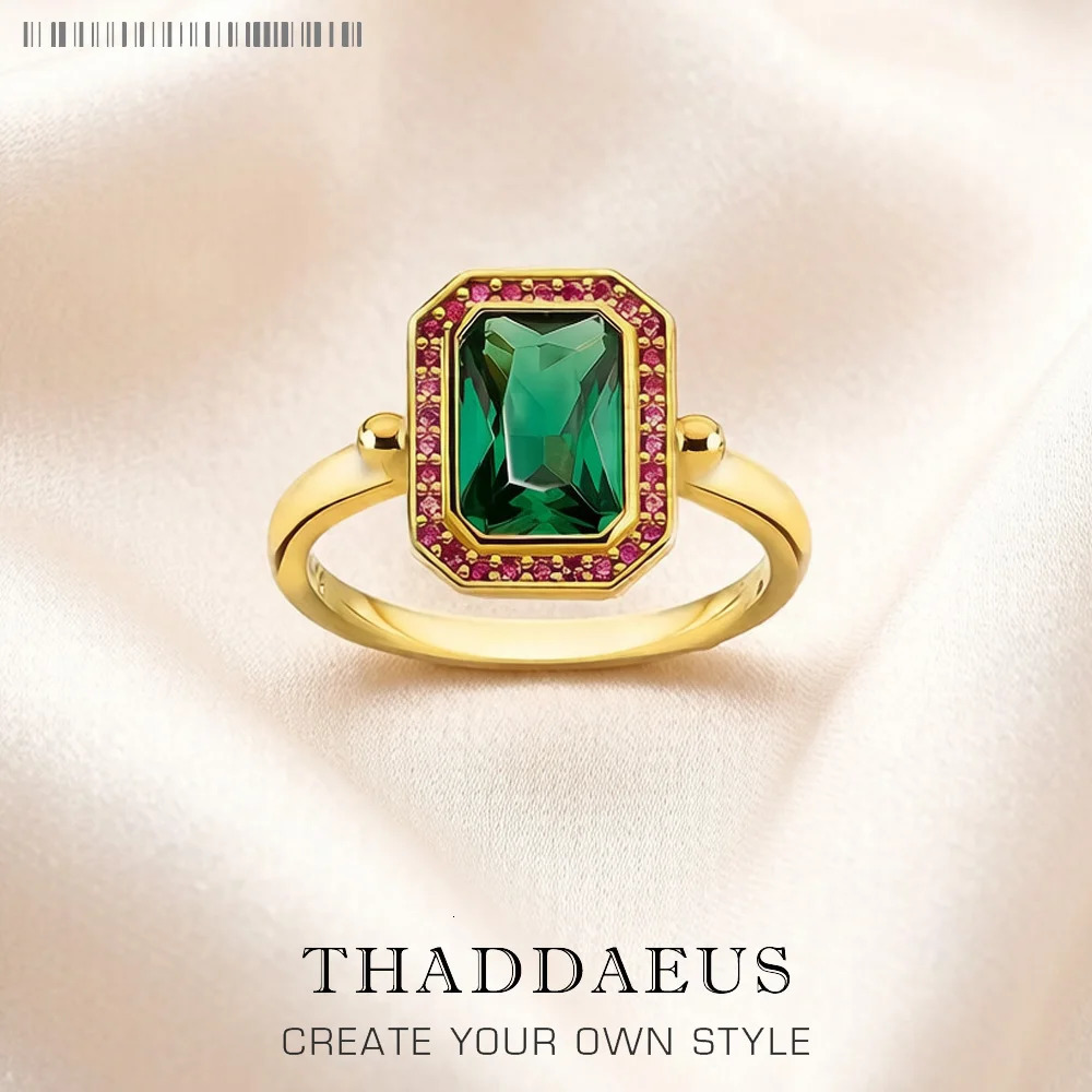 THADDAEUS Cowboy 925 Sterling Silver Hexagonal Emerald Ring with Red Stone Accents, Certified Green Gemstone Engagement Jewelry