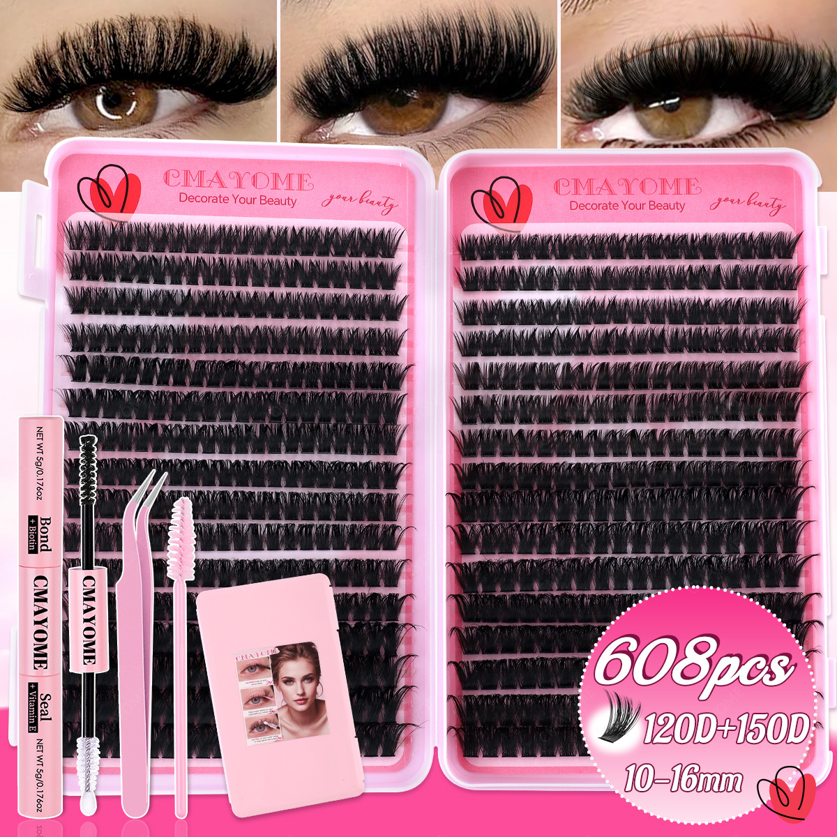 Fluffy Volume Eyelash Extension Kit with Lash Bond and Seal Strong Hold, 640Pcs DIY Lash Clusters Wispy D Curled, Handmade Reusable False Eyelash-image-1104451674
