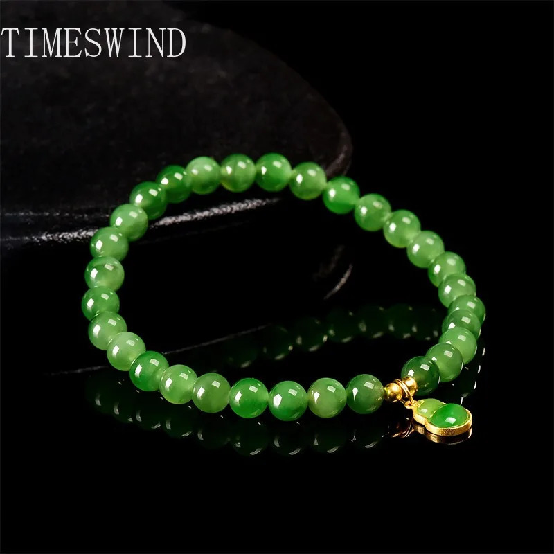 TIMESWIND Original Jade Green Natural Round Beaded Gourd Pendant Women Bracelet with Certificate 260430