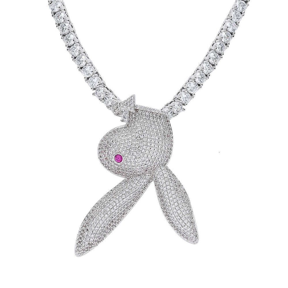 European and American cross-border bestseller: Red-eyed rabbit bow pendant, street rap hip-hop men's 14K gold full-diamond necklace