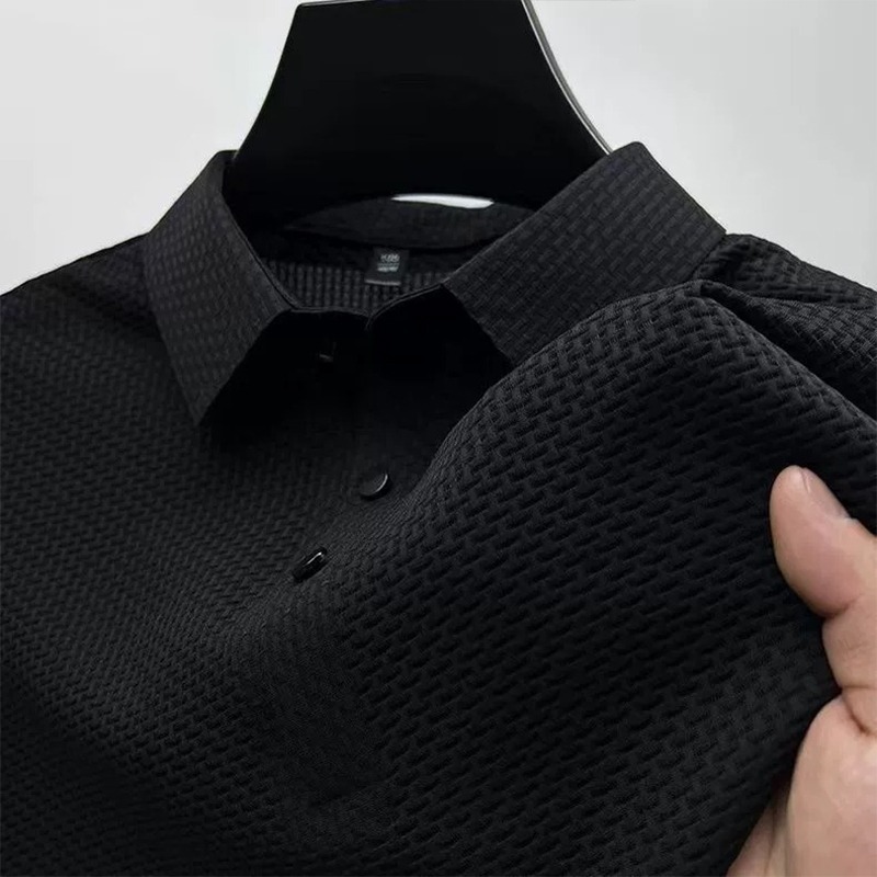 2026 new Men's New Summer Polo Shirt Short Sleeve T-shirt Knit Bamboo Pattern Jacquard Mesh Ice Silk Turn-down Collar Solid Color Simple Top