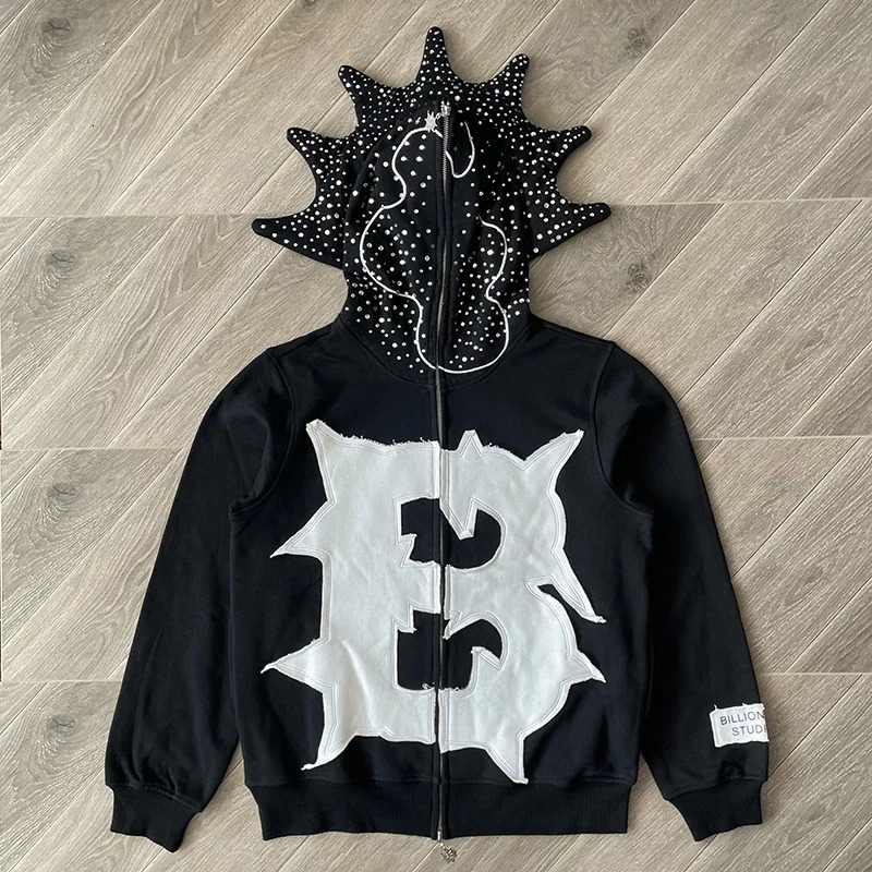 Glo Gang Men's Y2K Hoodie, Black Knit Graphic Zip-Up Sweatshirt with White 'B' Logo, Full Zipper Opening, Sports Hooded Jacket 260430