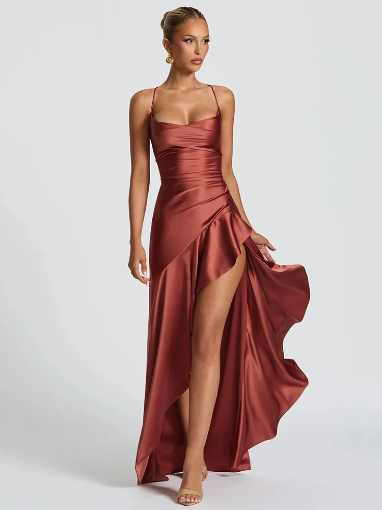 Articat Sexy Satin Spaghetti Strap Maxi Dress, Bodycon Sweetheart Neckline, Backless Split Skirt Evening Clubwear for Women