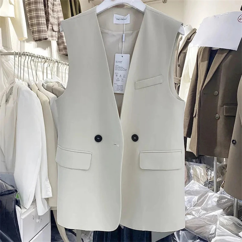 Womens Blazer Vest Coat 2025 Summer Korean Version V-neck Sleeveless Ladies Waistcoat Tops Casual Loose Female Horse Clip 260430