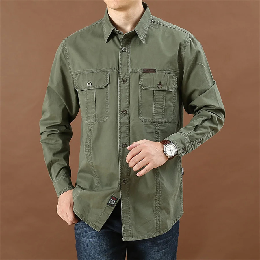 Spring Autumn Mens Shirt Multi-Pocket Cargo Shirts Casual Outdoor Long Sleeve Tactical Shirts for Men Tops Oversize 6XL 260429