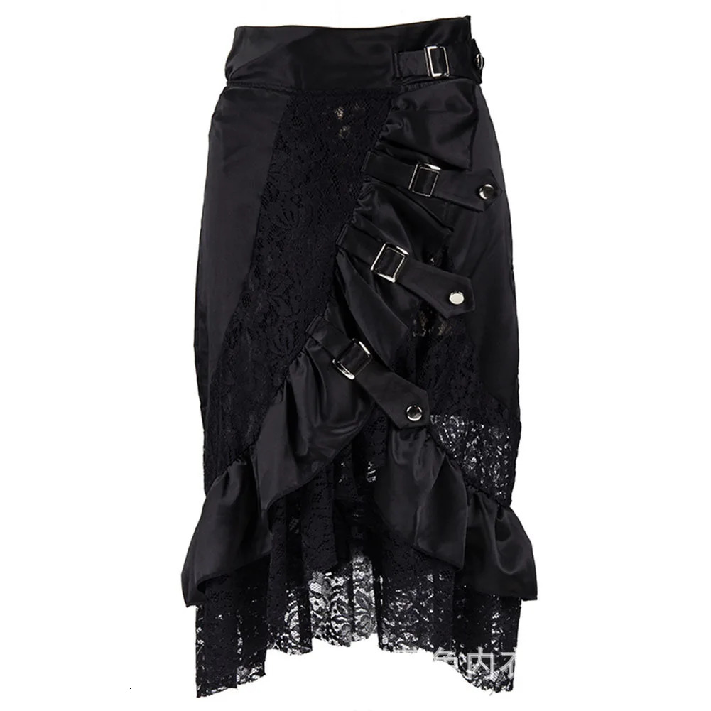 Victorian Black Satin Lace Steampunk Skirt, A-Line Above Knee Gothic Skirt with Floral Ruffles, Plus Size Gothic Wear for Spring Summer Beach