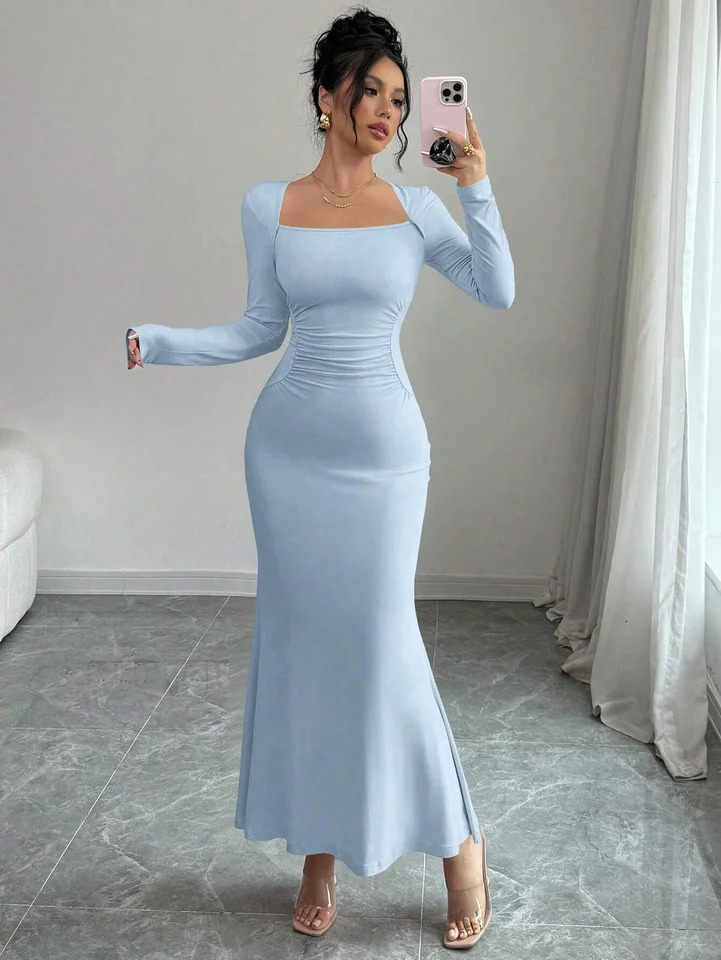 Womens Four Seasons Style Womens Elegant Temperament Retro Solid Color Square Collar Long Sleeve Dress 260430