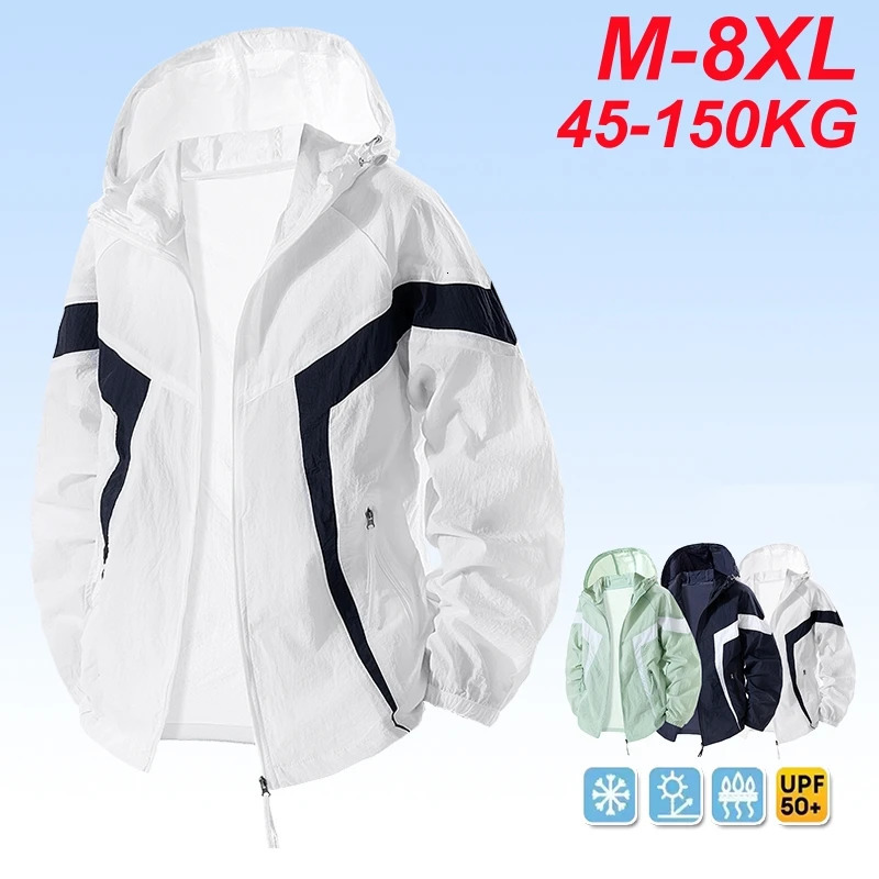 White Acetate Tatting Men's UPF 50+ Jacket, Waterproof Windproof Hooded Coat with Contrast Paneling, Relaxed Slim Fit, Plus Size 8XL Y2K Summer Oute