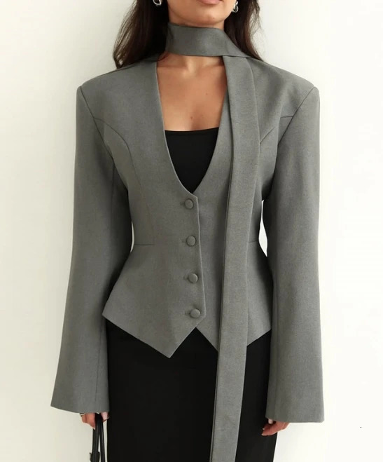 Womens Jacket Spring Fashionable Solid Color V-Neck Scarf Decor Elegant Temperament Long Sleeved Casual Blazer Jacket 260429