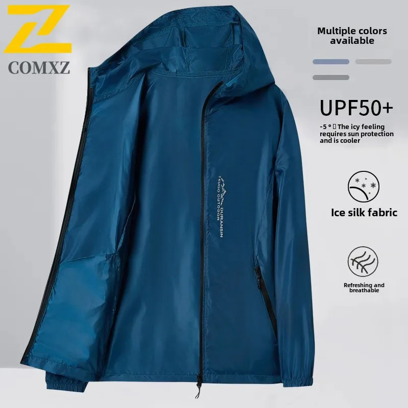 Men's Y2K Blue Ice Silk Sunscreen Jacket, UPF 50+ Cooling Hooded Knit Full-Zip Summer Outerwear, Relaxed Slim Fit Waterproof Sunblock Coat