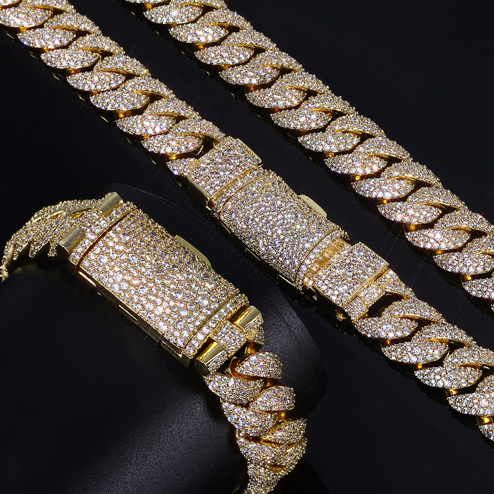 Hip-hop style 14mm flip cover long clasp bubble Cuban chain men's diamond bracelet rock full diamond accessory