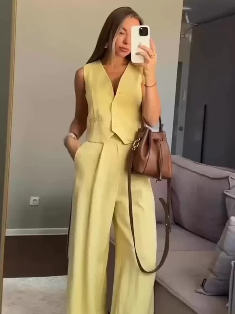 2025 Womens Cotton Linen Vest Pant Set Breathable Sleeveless Deep V Neck Suit Loose Fit Casual Outfit For Commuting Daily Wear 260430