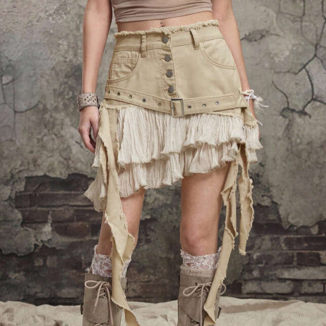 Summer New Fashion Heavyweight Washed Patchwork Solid Color Irregular Design Button-Decorated Skirt MAKOUFEI