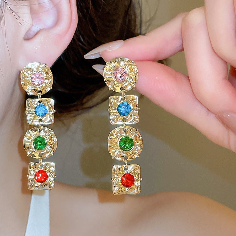 Vintage Colorful Rhinestone Geometric Earrings, Light Luxury Palace Style, Heavy Craftsmanship Retro Delicate Jewelry for Women-image-1104465636