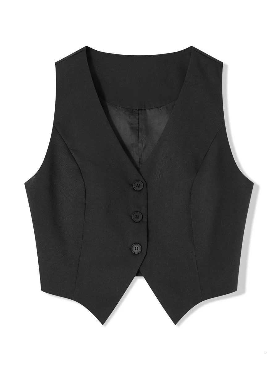 Womens Fashion Black Sleeveless Vests Casual V Neck Button Waistcoat Formal Business Tuxedo Shirt Slim Fit Cropped Blazer Vests 260430