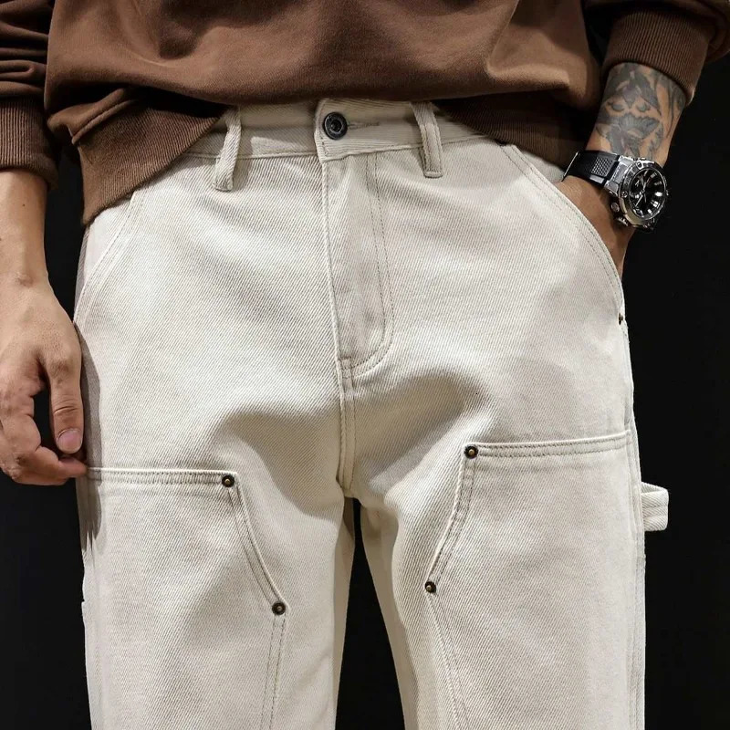 White Workwear Thigh Patch Jeans Mens Woodcutter Rivet Straight Denim Pants Spring Autumn American Retro Cotton Cargo Pants 260428