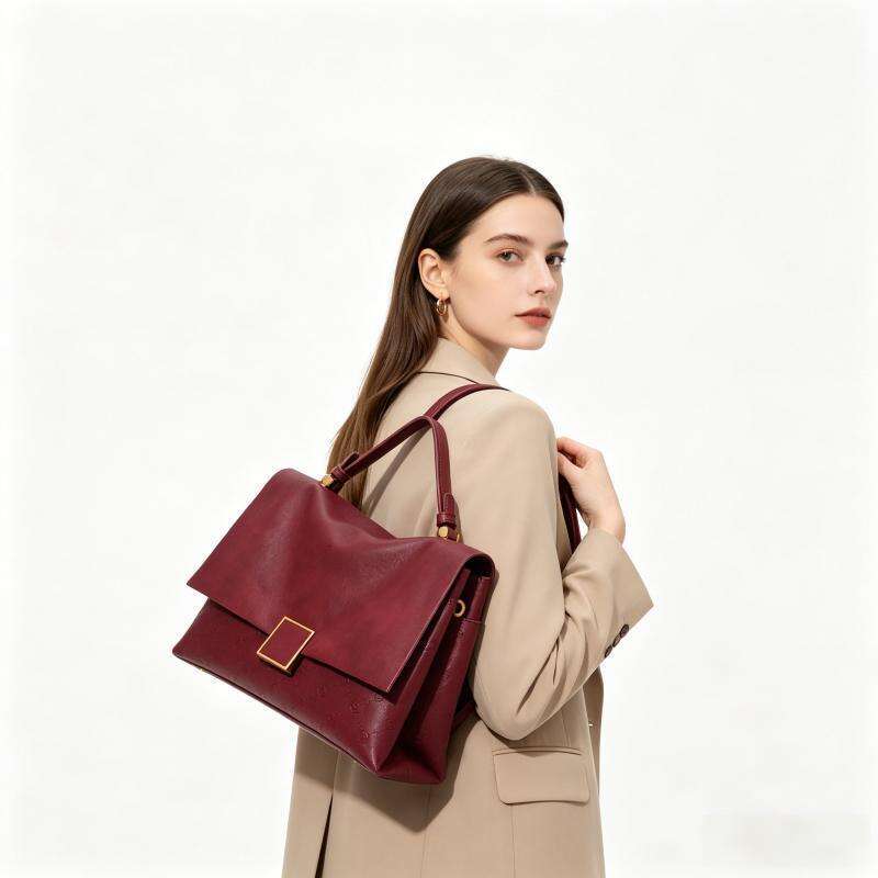 2026 New Arrival Vintage Burgundy Embossed Top Handle Bag Large Capacity Shoulder Tote Purse for Women Daily Use