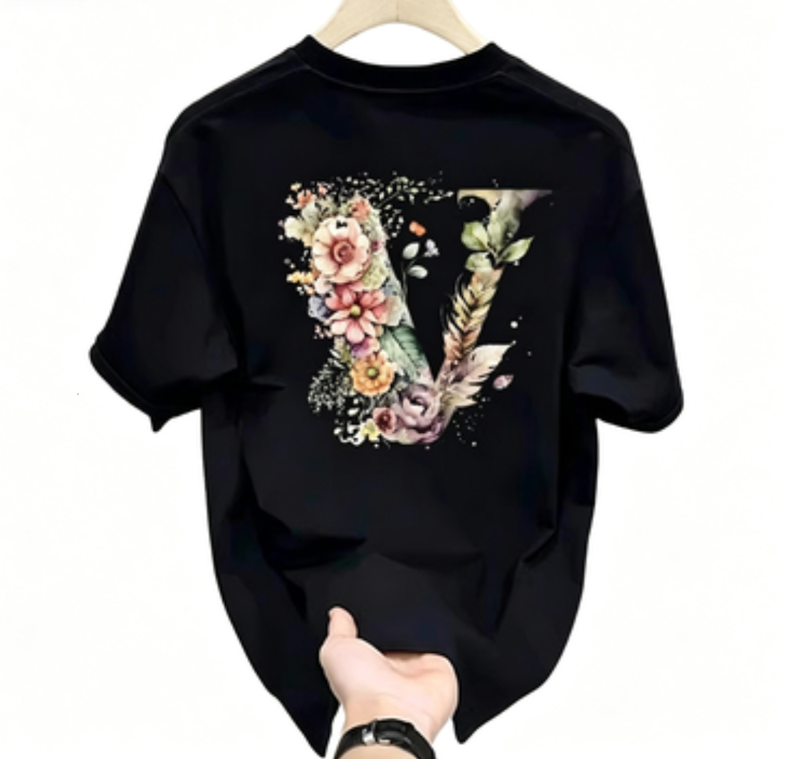 Wholesale Trendy Unisex Cotton T-shirt Men Women Summer New Floral V Print Round Neck Short Sleeve Versatile Casual Daily Top S-5XL