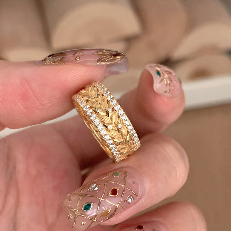 Vintage Iced Out Cubic Zirconia Wheat Eternity Ring for Women 14K Gold Plated Statement Wedding Band Engagement Bridal Ring Gift for Wife Mother Bir