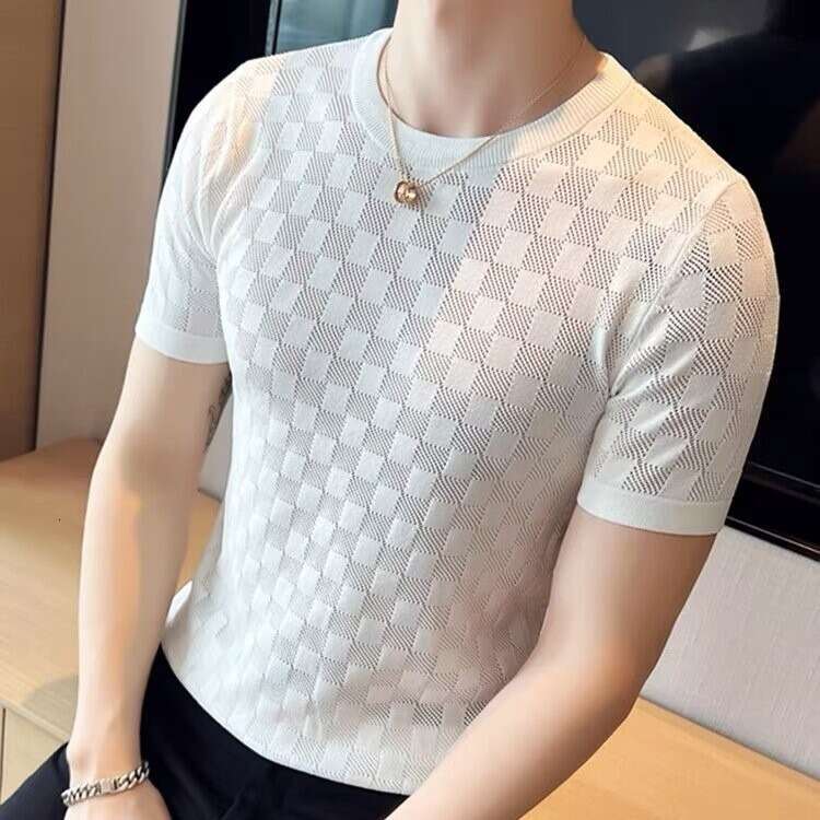 Luxury Brand Designer Clothes New Hollow Out Short Knitted Shirt Summer Men's British Slim Fit Round Neck Half Sleeve T-Shirt Thin White Stretc