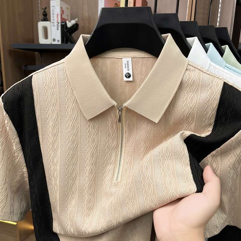 Luxury Brand Designer Clothes Summer New Men's Short-Sleeve Casual Polo Shirt With Half-Zip, Color-Blocking, Turn-Down Collar For Young And Mid