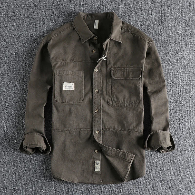 Amikaji Autumn Loose Youth Workwear Shirt Coat For Male Simple Retro Solid Color 100 Cotton Drop Shoulder Long Sleeve Shirt Men 260427