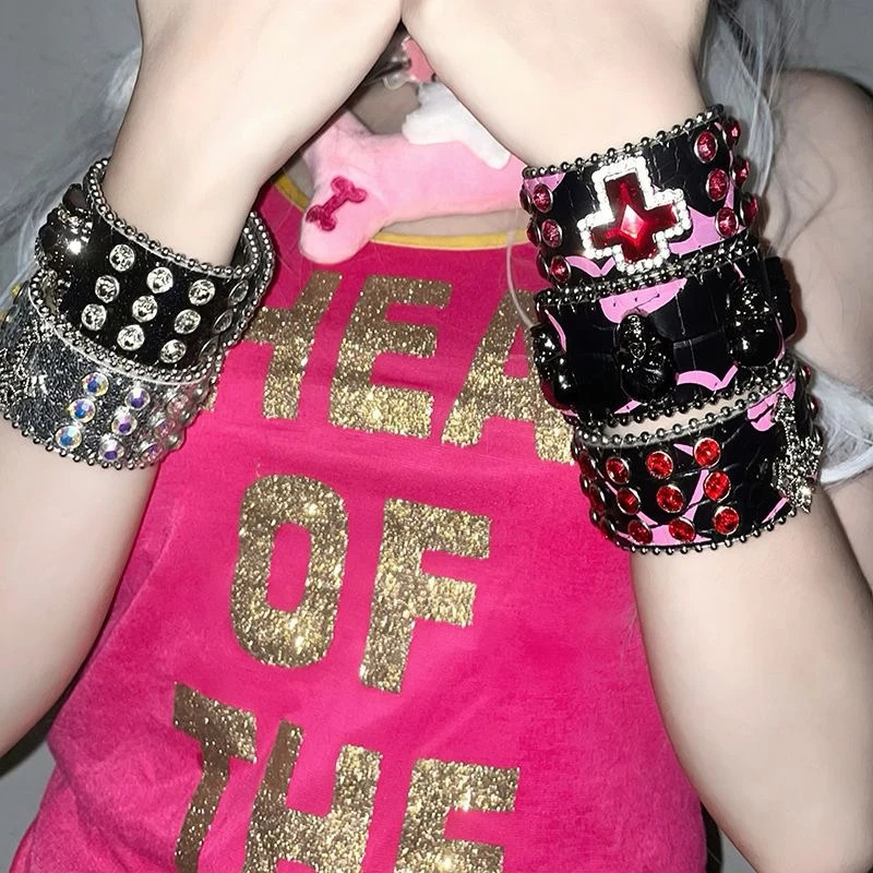 Gothic Leather Skull Bracelet with Red Crystal Cross, Studded Black Wristband, Retro Grunge Gothic Jewelry Accessory