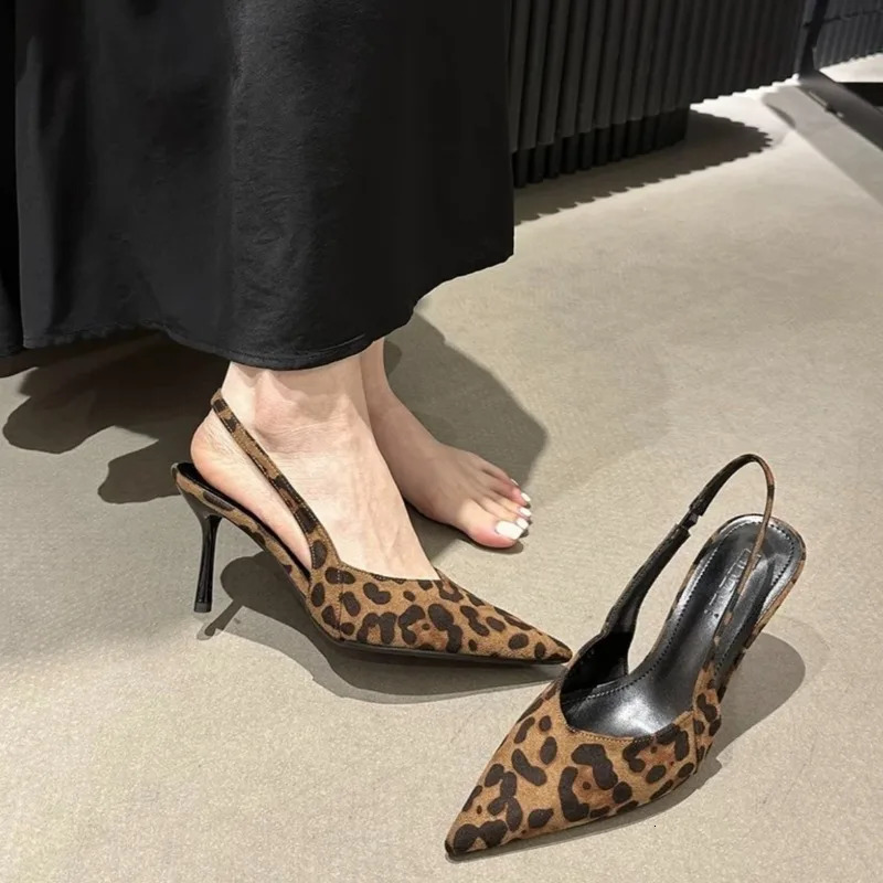 Suede Leopard Print Stiletto Sandals Summer Pointed Toe Shallow Mouth Slip-on High-heeled Womens Shoes 260430