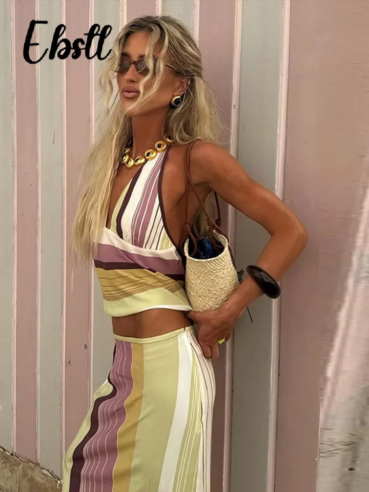 Vintage Backless Striped Acetate Vest and Long Skirt Two-Piece Dress, Sleeveless Tatting Tank Top Halter with Lace-Up Back