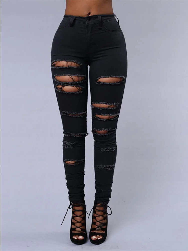 Fashionable Womens Versatile Solid Color Jeans European and American Holed Jeans Minimalist Slim Fit Pencil Pants 260430
