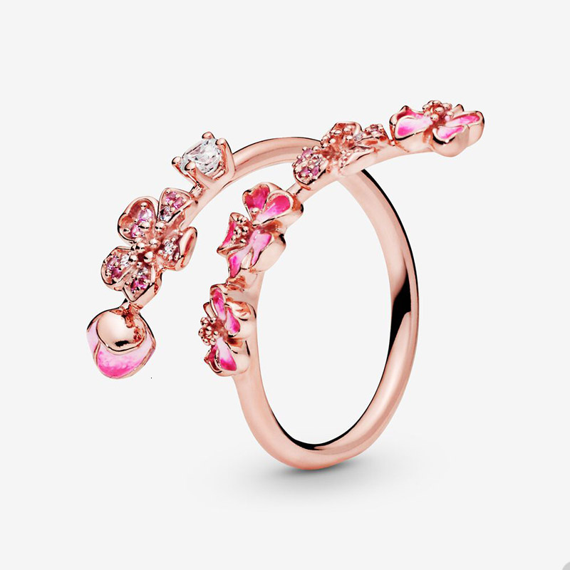 Pink Peach Blossom Open Rings 18K Rose Gold Party Ring Set Jewelry For Women Girls Sisters Gift Real 925 Silver Flower ring AA