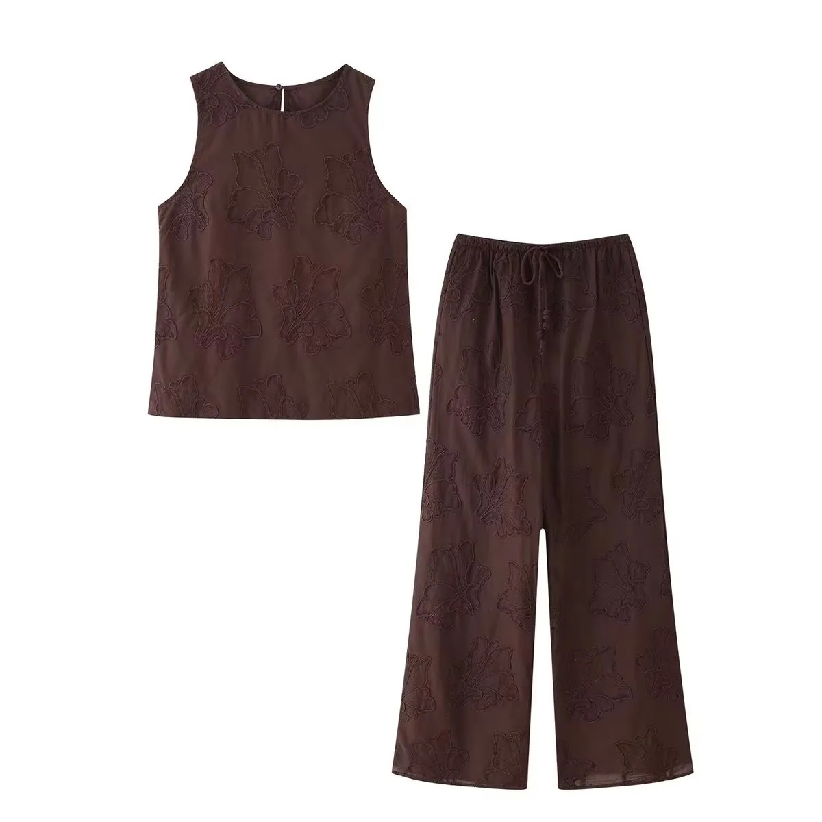 HH Women Solid Embroidery Pant Sets O Neck Sleeveless Vest Tops Loose Casual Drawstring Wide Leg Trousers Office Lady Outfit 260430