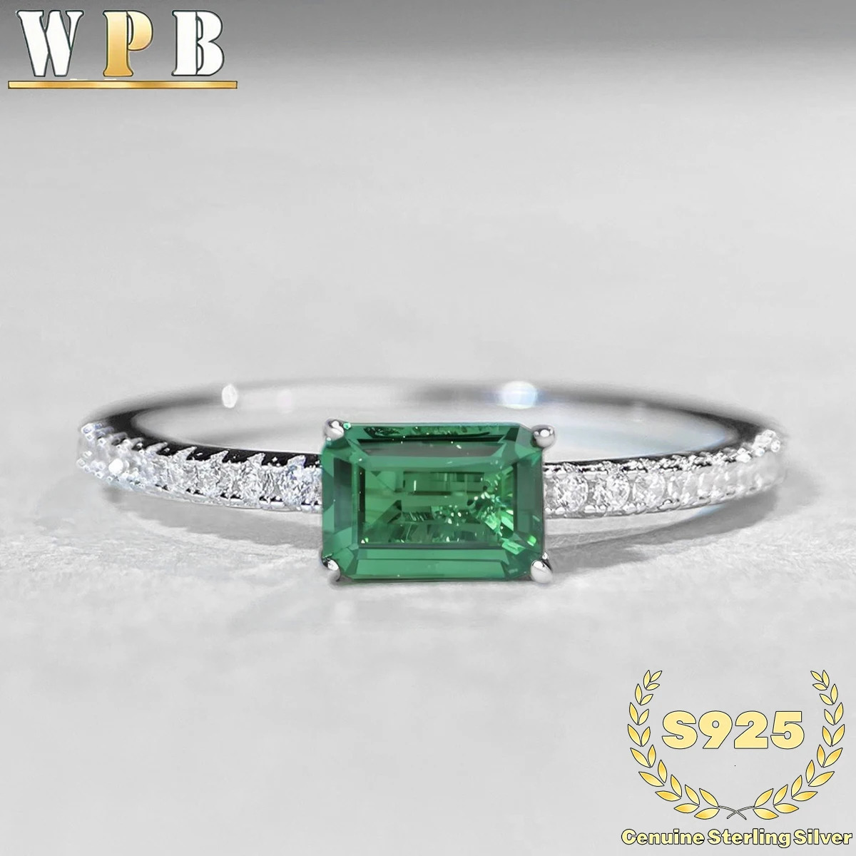 y S925 Sterling Silver Emerald Cut Green Zircon Ring with Clear Zircon Accents Minimalist for Daily and Formal Wear 260430