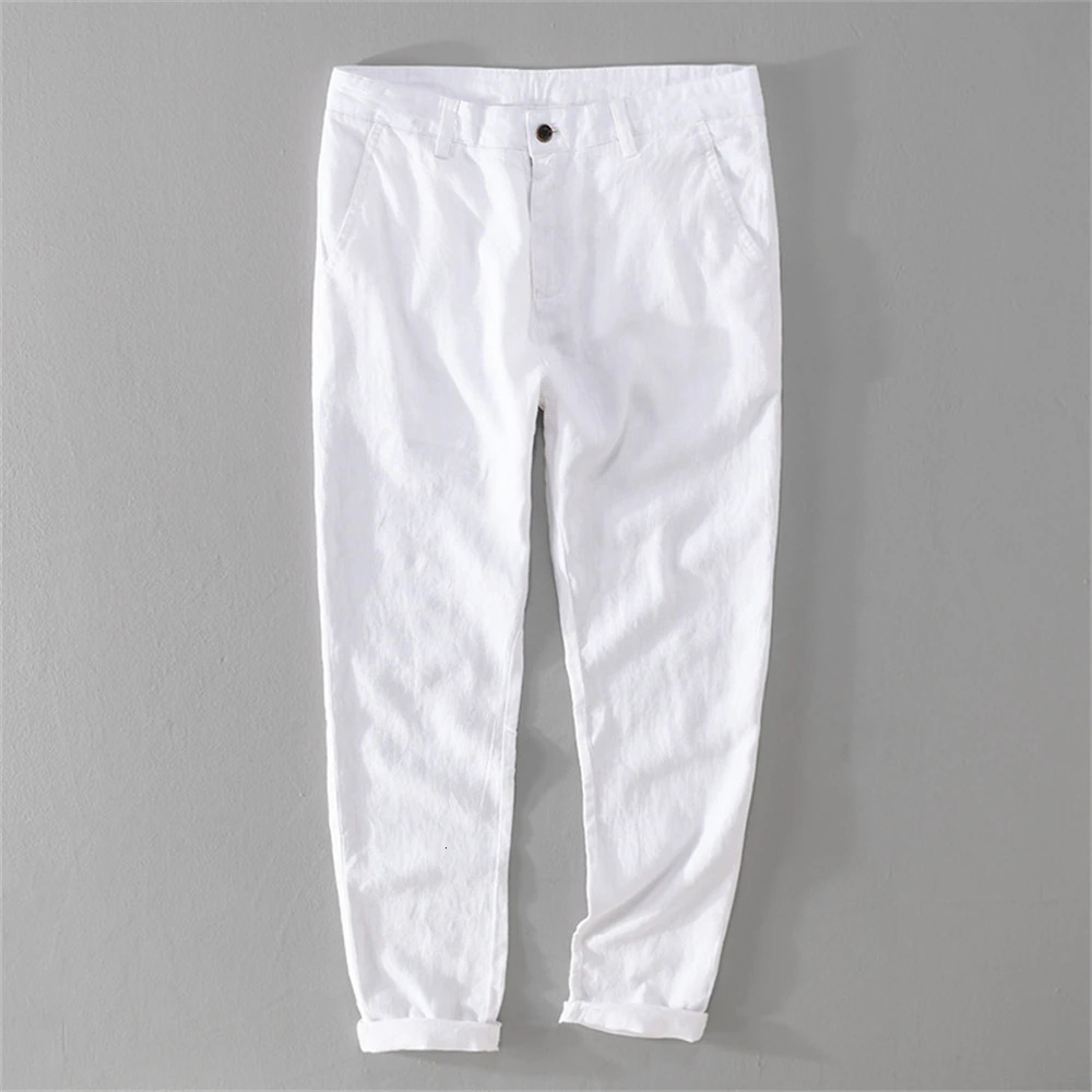Summer Comfortable mens white linen pants loose straightcut dress solid Trousers for men breathable beach Casual 260430