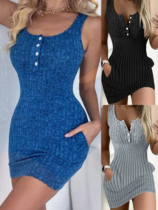Button Front With Pocket Tank Dress Elegant Sleeveless Bodycon Dress For Spring Summer Womens Clothing 260430