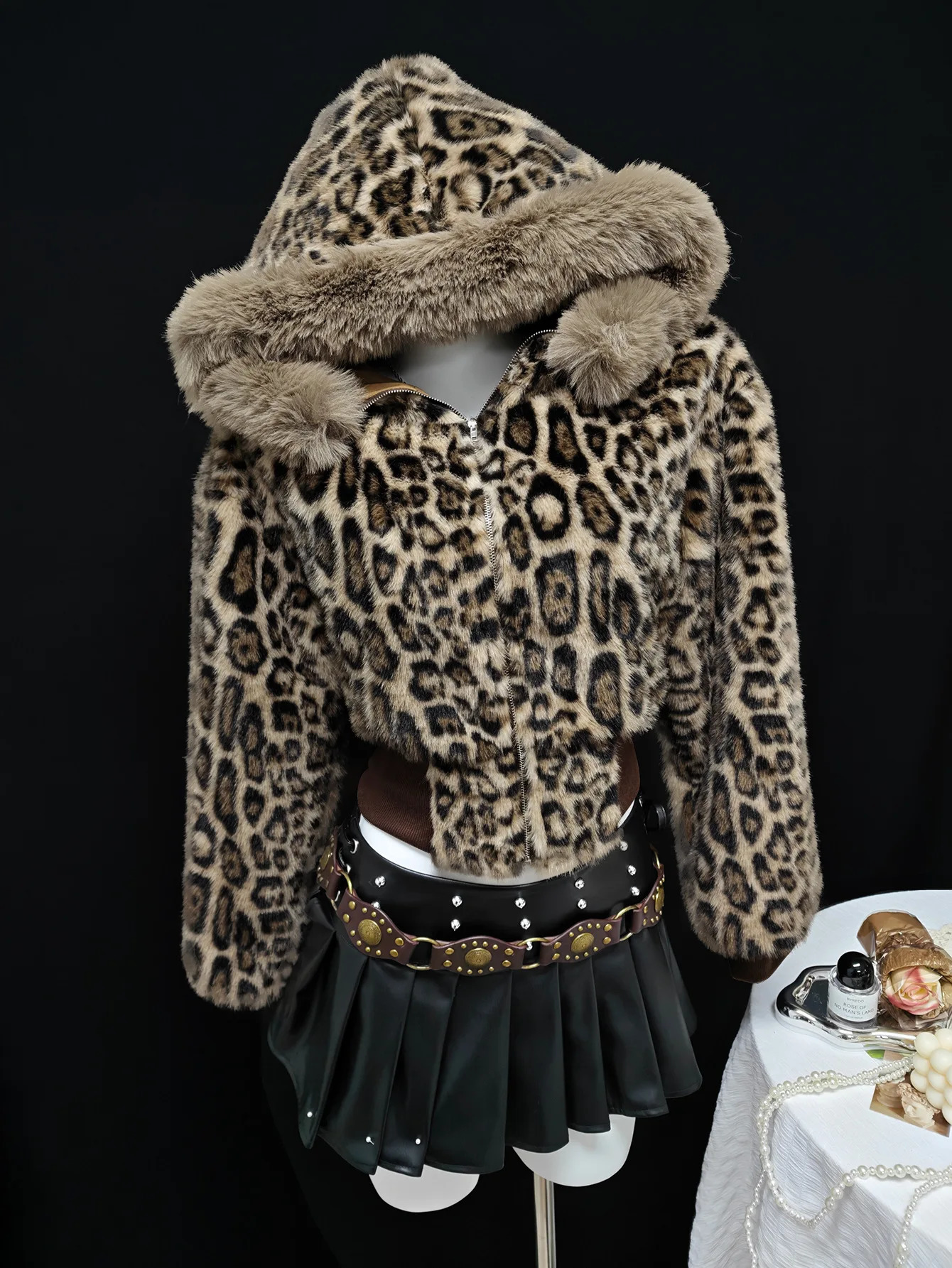 Womens Y2K Faux Fur Hooded Leopard Print Jacket, Asymmetric Length Zip-Up Outwear Coat, Acetate Lined Winter Outerwear