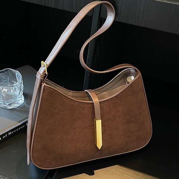 Totebag Shoulder Vintage Suede Handbag For Women, 2025 Autumn And Winter New Fashion Versatile Patchwork Shoulder Underarm Bag ROSE NOIRE
