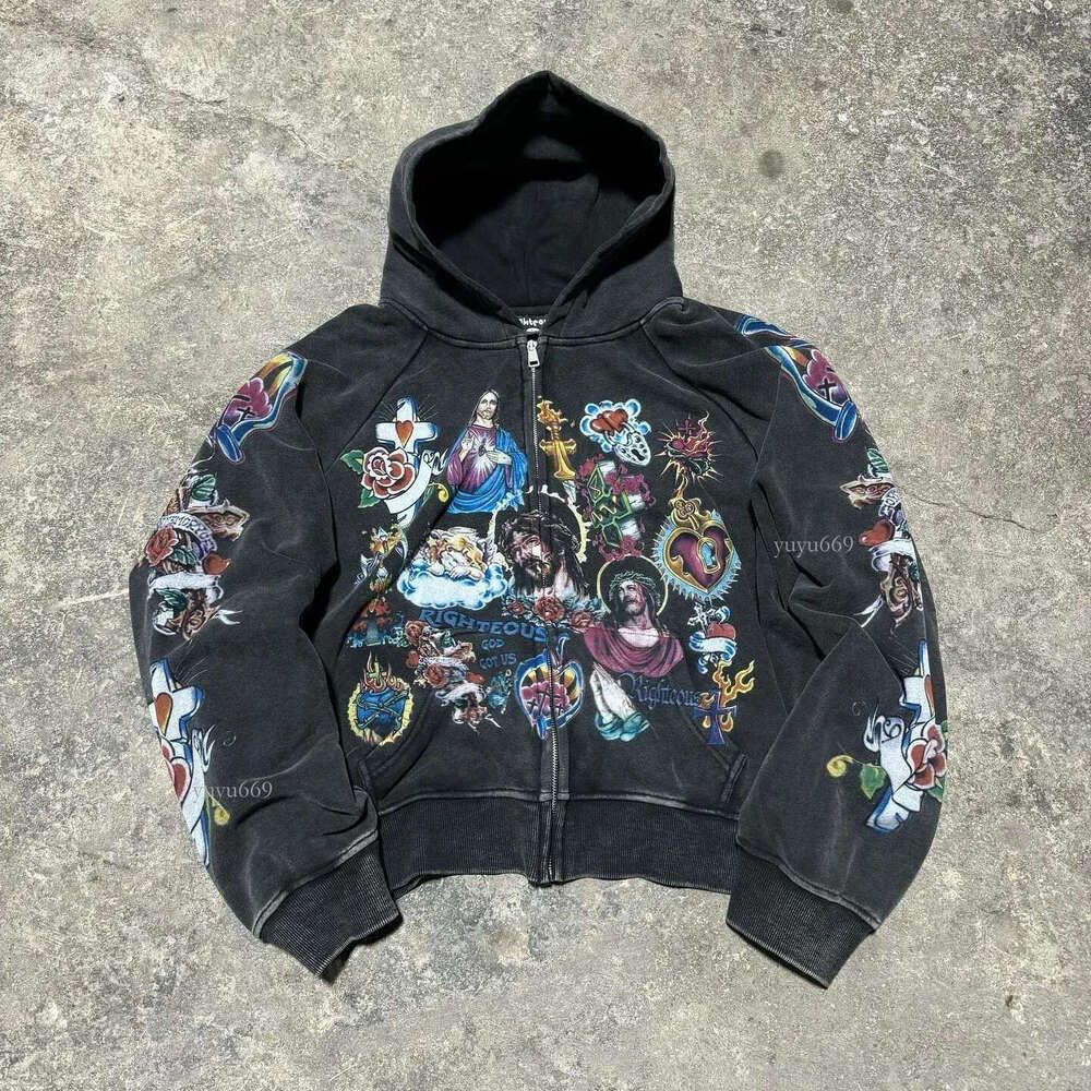 Designer RIGHTEOUS hoodie Autumn Winter Cartoon Print Zip Up Hoodie Couple Sweatshirt Casual Loose Oversized Hooded Jacket Unisex Men Women Streetwe
