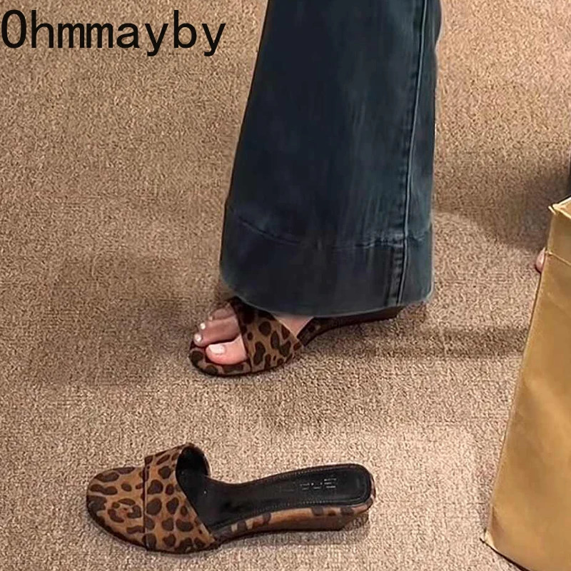 Vintage Summer Leopard Print Women Slippers Fashion Open Toe Wedges Heel Slide Ladies Casual Beach Dress Gladiator Sandalias 260429
