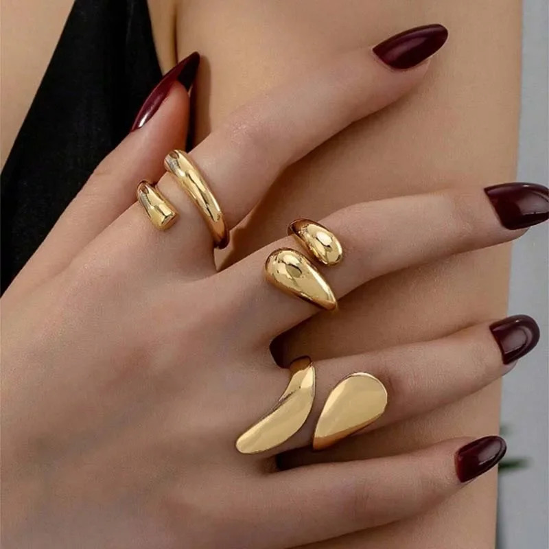3Pcs/Set Vintage Gold Color Water Drop Rings for Women Fashion Creative Metal Smooth Geometric Adjustable Open Ring Jewelry 260430BJ