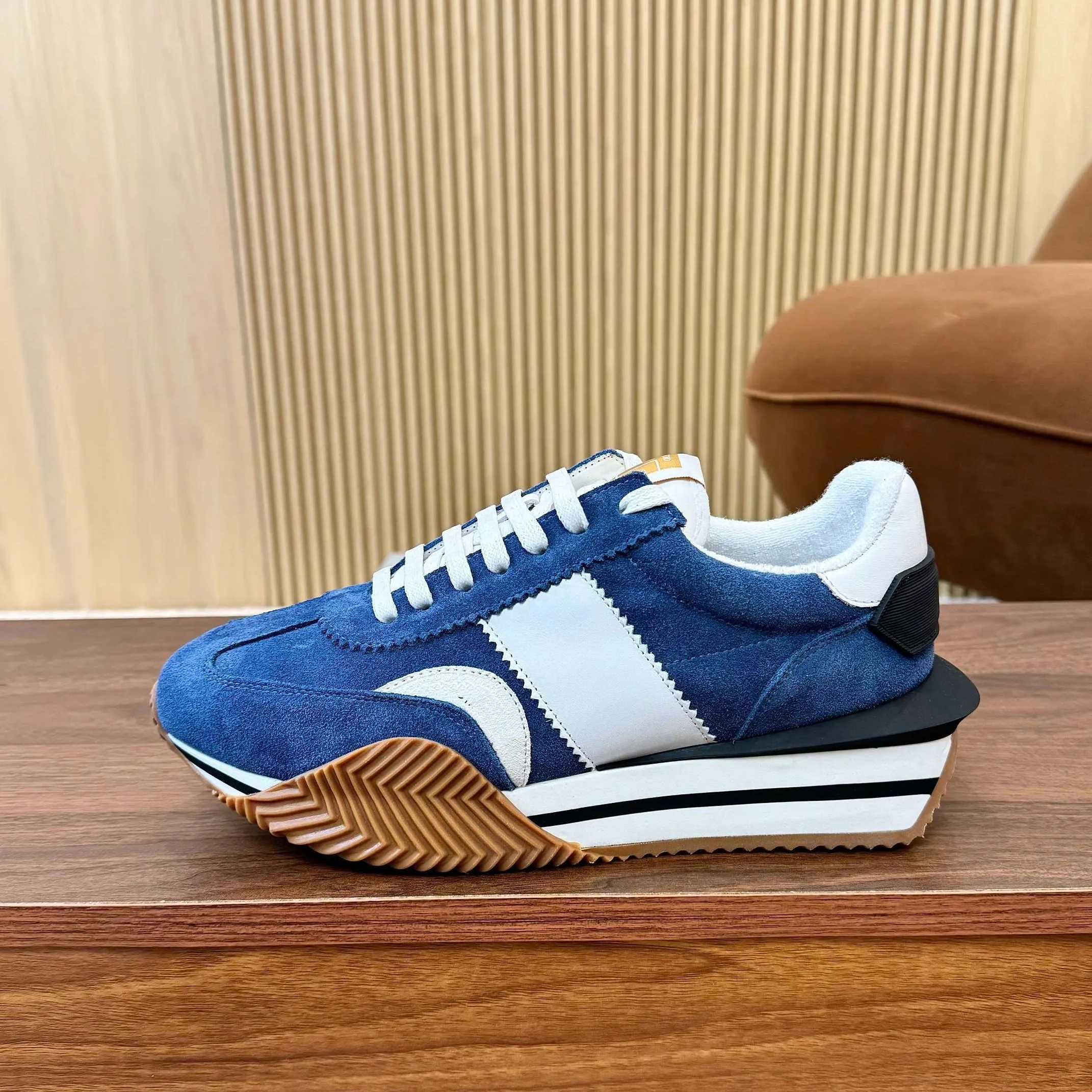 Tom Sac Foed Designer Womens Man run Low Top Flat Hike outdoor Sneaker luxury High quality Suede Patchwork platform casual Dexun shoe Navy blue and