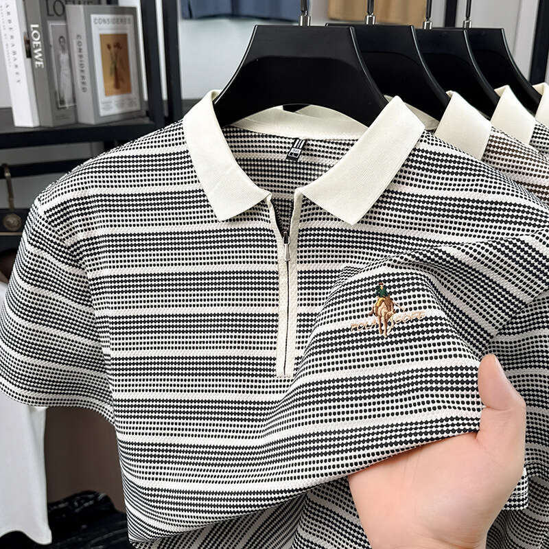 Luxury Brand Designer Clothes Half-Zip Short-Sleeve Summer Color-Block Striped Men's Polo Shirt, Casual Versatile Embroidered Style, Cross-Bord