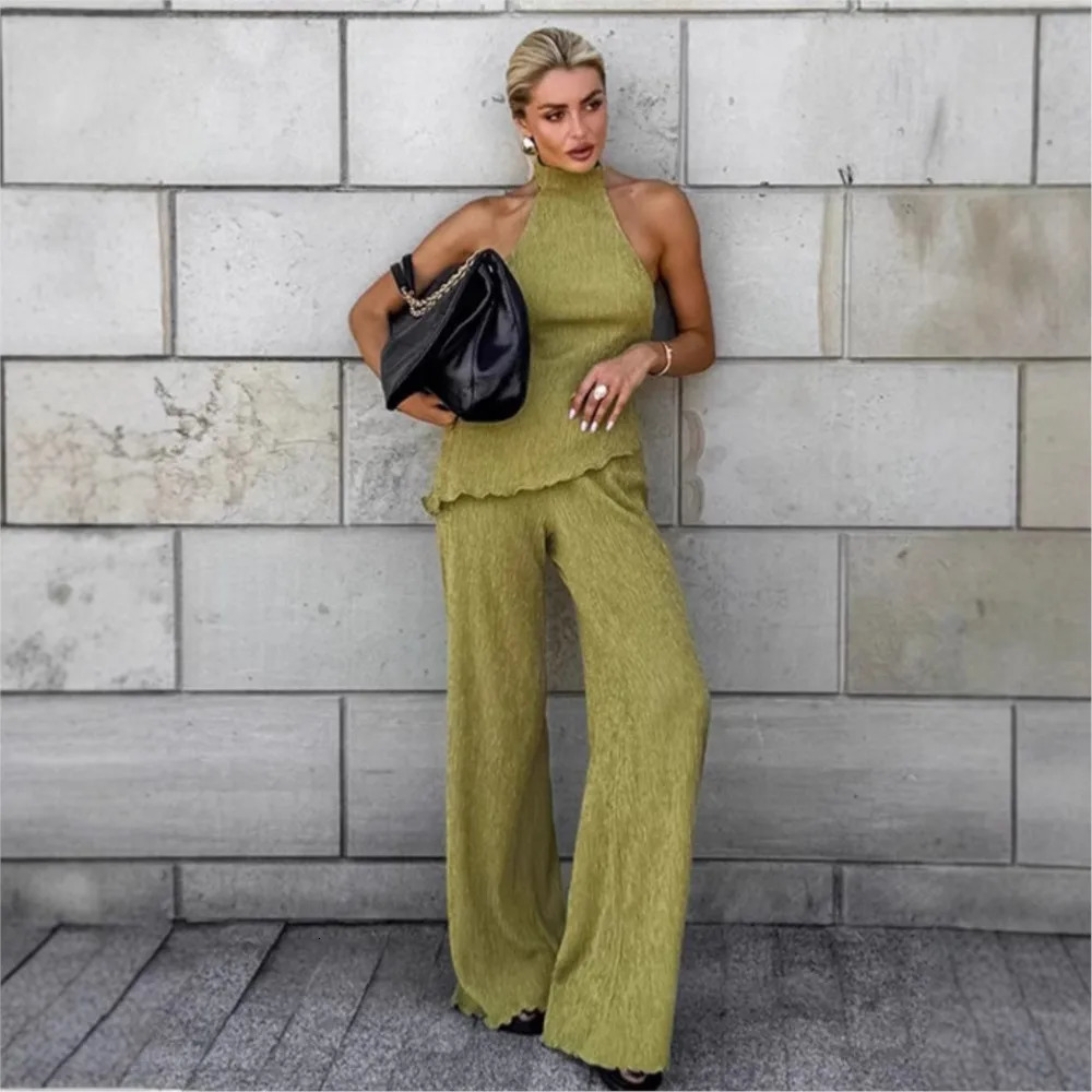 Female 2025 Spring Summer Casual Womens Suit Green Pleated n Sleeveless Halter Vest Wide-leg Pants Fashion Two-piece Set 260430