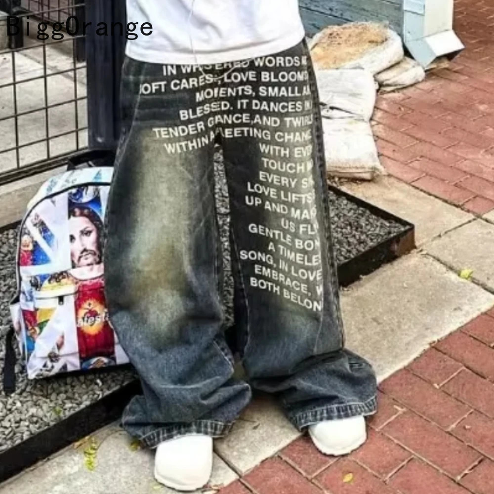 American Fashion Jeans Letter Printing Pattern High Street Casual Wide Legs Y2K Mens Retro Gothic Trendy Casual Pants 260428