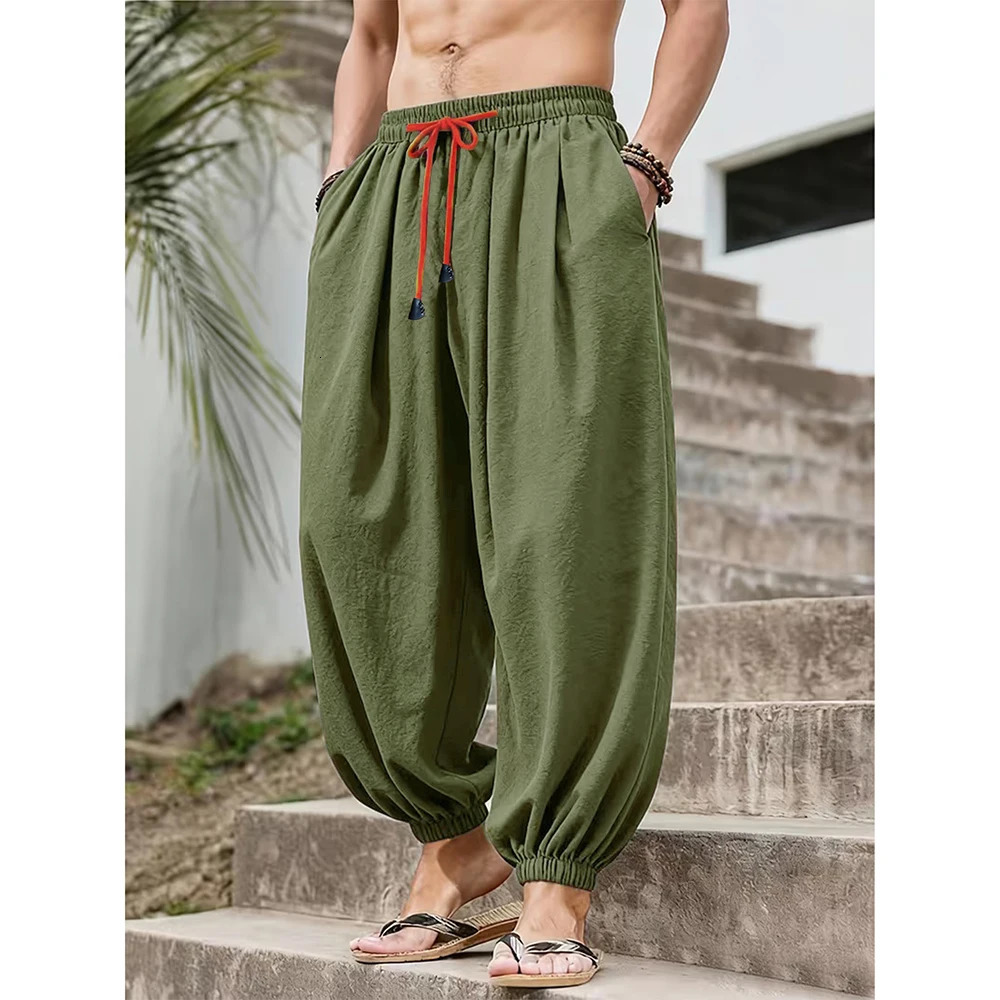 Mens Cotton Linen Wide Leg Pants Casual Loose Fit Solid Color Breathable Lightweight Elastic Waist Male Baggy Long 260430