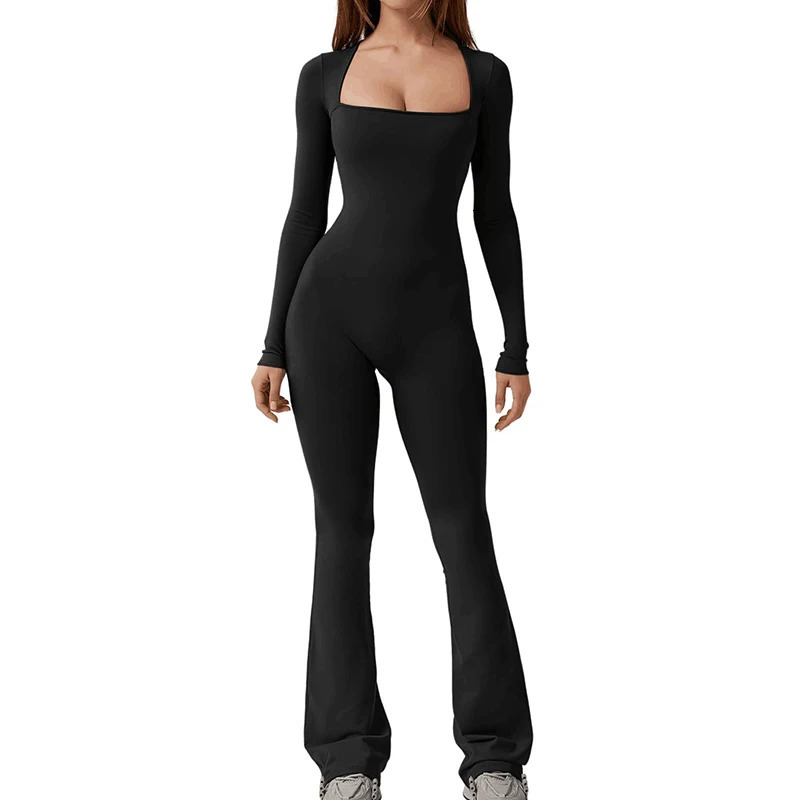 Foreign trade womens long sleeved waist cinching and waist lifting square collar wide leg high elastic jumpsuit 260427
