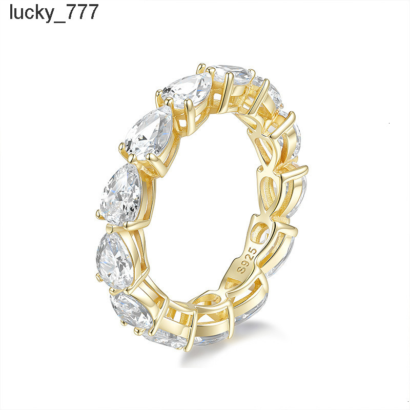 S925 Silver Drop-shaped Ring with Full Circle Claw Setting D-color Moissanite Plated with 18k Gold